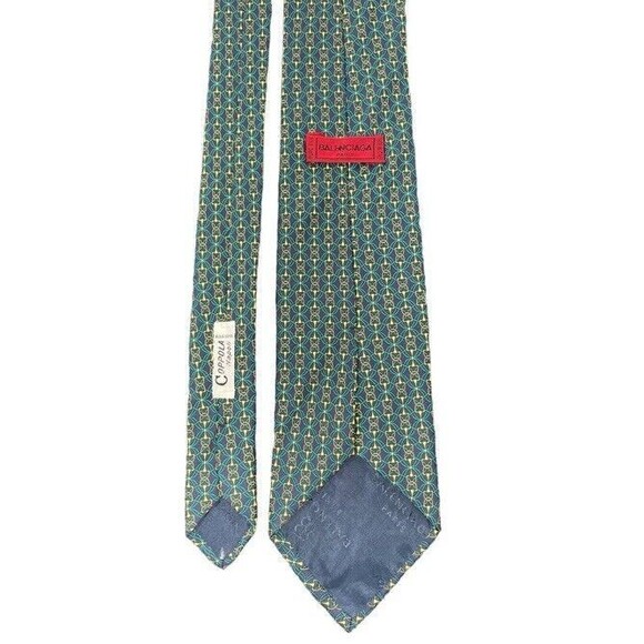 BALENCIAGA 100% Silk Necktie Lux Tie Horse Bit Classic Green Gold Classy Vintage - Picture 5 of 8